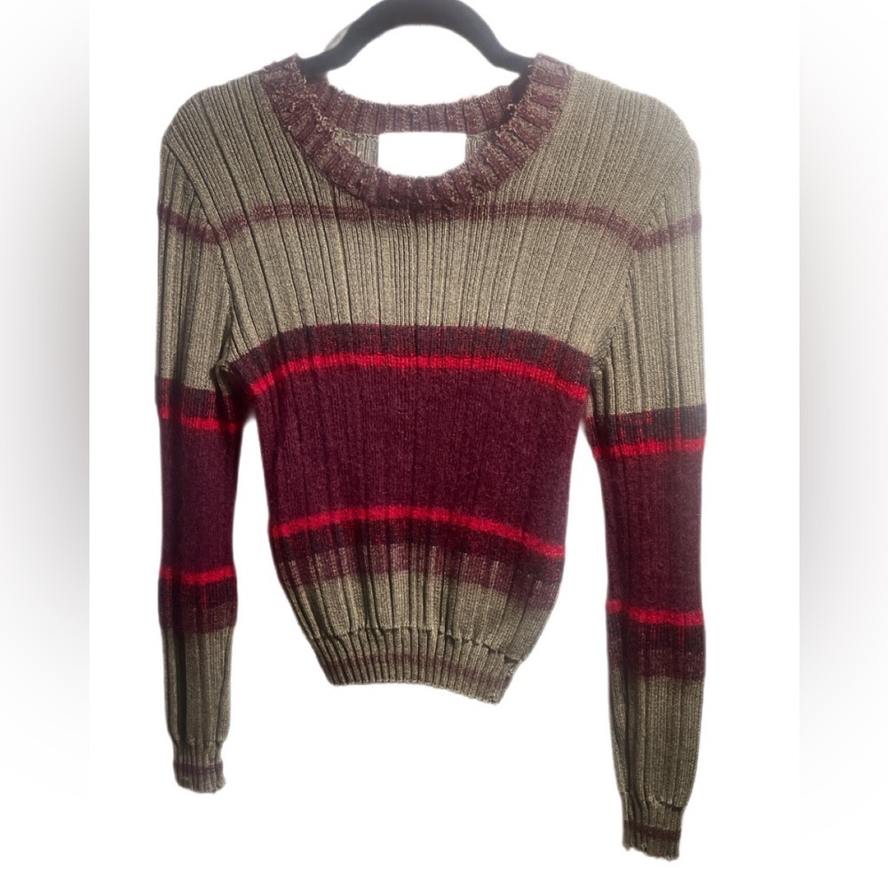 NNT Paris/Farzaneh Elegant Designer Trendy Striped Knit Sweater Olive Burgundy M